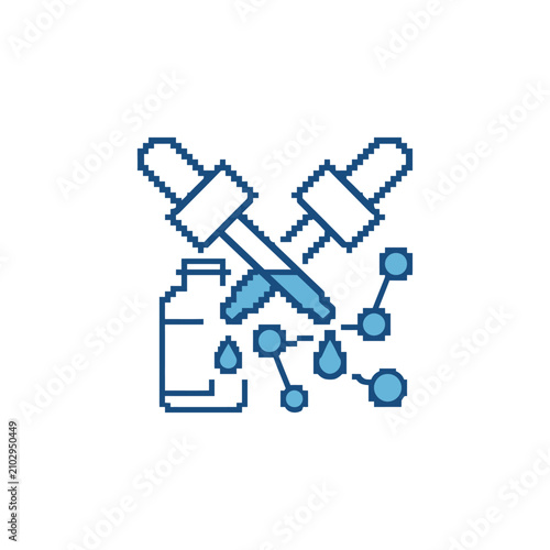Crossed droppers with molecules and bottle pixel art icon.