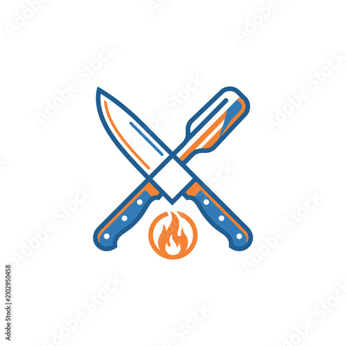 Crossed kitchen knives icon with orange flame symbol below.