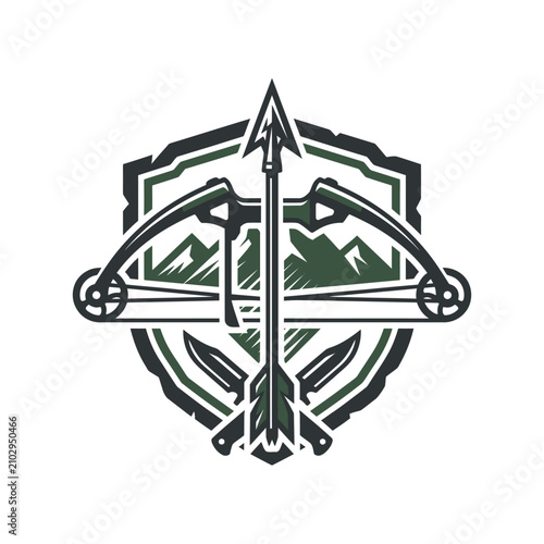 Crossbow and arrow emblem with mountains and shield.