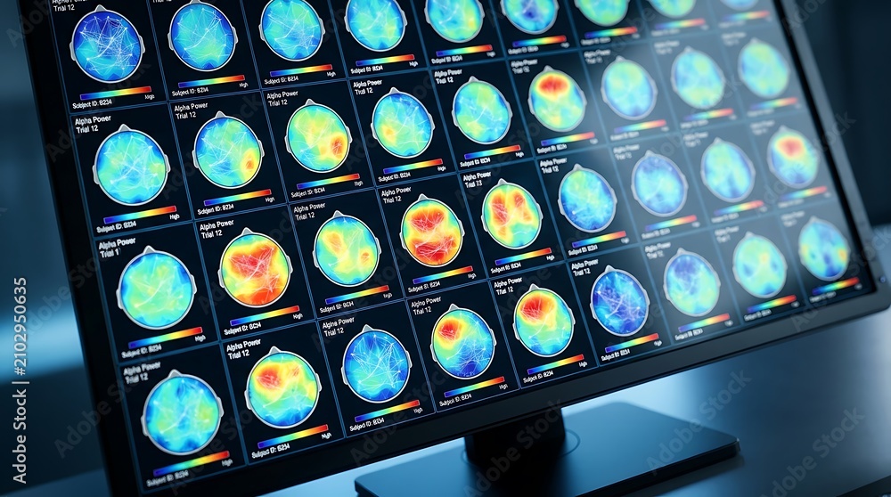 Obraz premium Computer screen displaying complex EEG brain activity maps for clinical neuroscience research