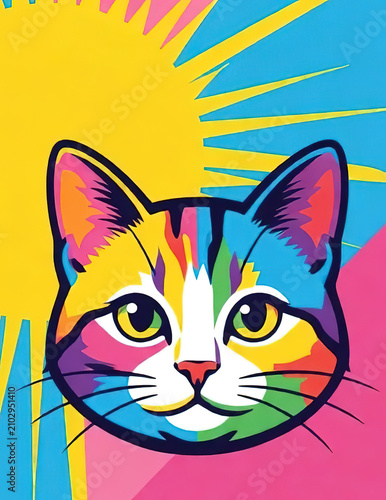 Colorful cat isolated on color background.