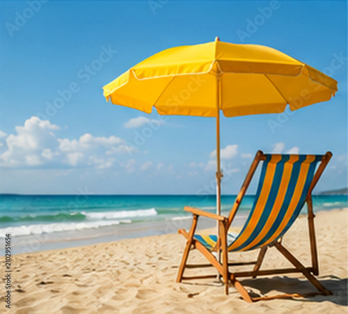 Empty beach chair beneath a colorful umbrella by blue water
