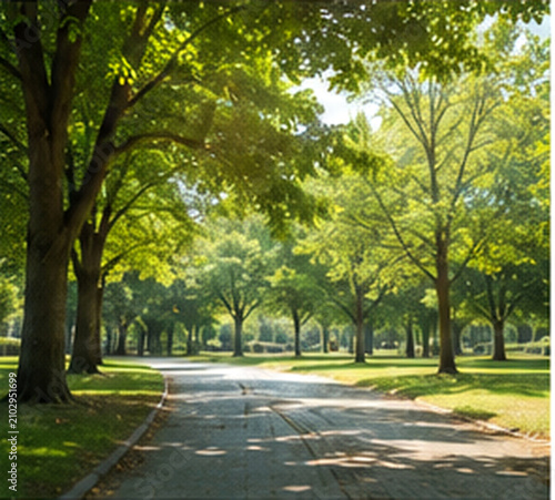Shaded walking path beneath green trees in summer
