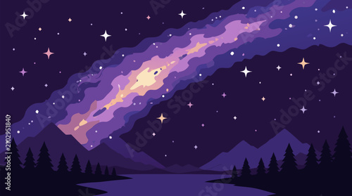 Milky Way galaxy sweeping over purple mountain lake, glowing stars and cosmic nebula in dreamy night sky vector landscape for astronomy, camping, adventure, stargazing, and celestial posters