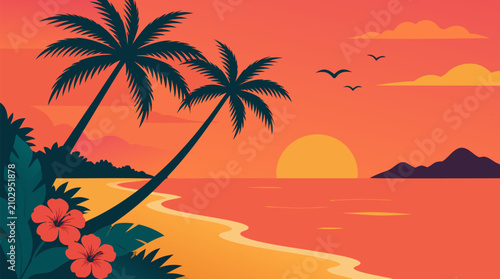 Tropical sunset beach with leaning palm trees, golden ocean reflections, coral sky, island silhouettes, flowers, and birds, vibrant vector travel scene for vacation posters and resort branding