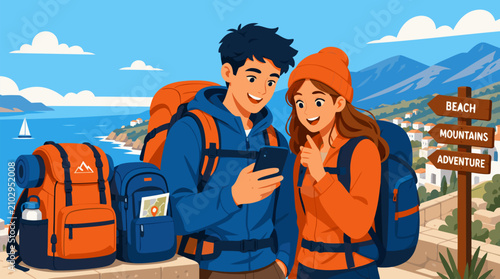 Adventurous couple travel planning vector, backpackers checking phone itinerary above sunny coast, mountains and signposts, vibrant orange blue tourism poster for trips and vacations