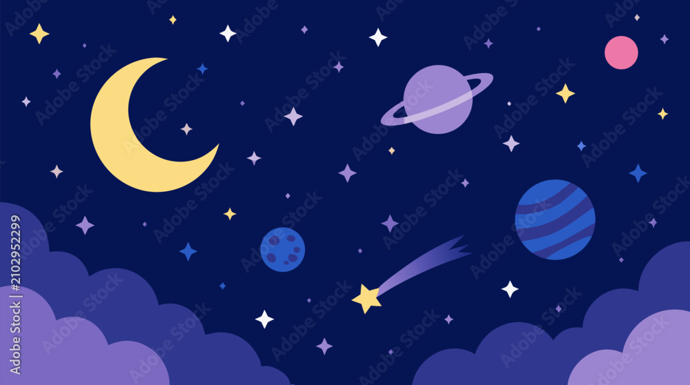 Fototapeta premium Dreamy midnight blue cosmic vector background with crescent moon, planets, shooting star, clouds and sparkling stars, whimsical night sky illustration for kids, wallpapers, invitations and posters