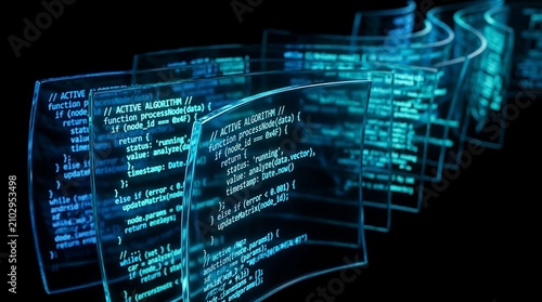 Futuristic Glowing Code Screens Displaying Software Development Algorithms in Dark Space
