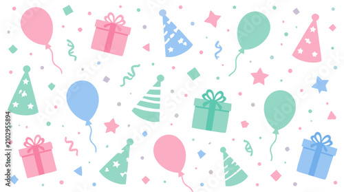 Pastel party confetti vector pattern with balloons, gift boxes, hats, stars and streamers on clean white background, playful celebration wallpaper for birthdays, showers and festive events