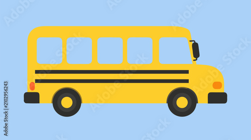 Rounded yellow school bus side view with simple black wheels, clean windows and soft pale blue background, a friendly flat vector icon for education travel design and transport apps
