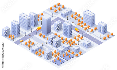 Isometric autumn city map with buildings and cars