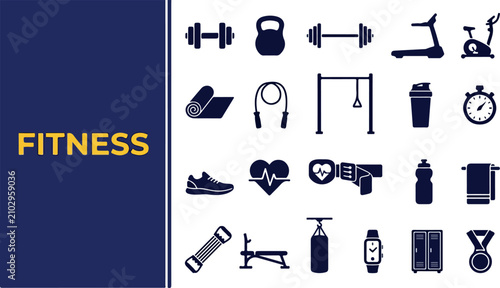 Comprehensive Collection of Essential Fitness and Workout Equipment Silhouette Icons for Professional Health Training and Physical Education Design Projects