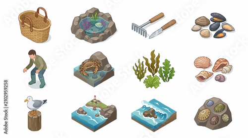 Obraz na plátně Colorful illustrated icons of beach and gardening tools with sea elements