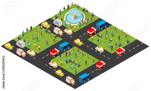 Isometric city park with people and traffic