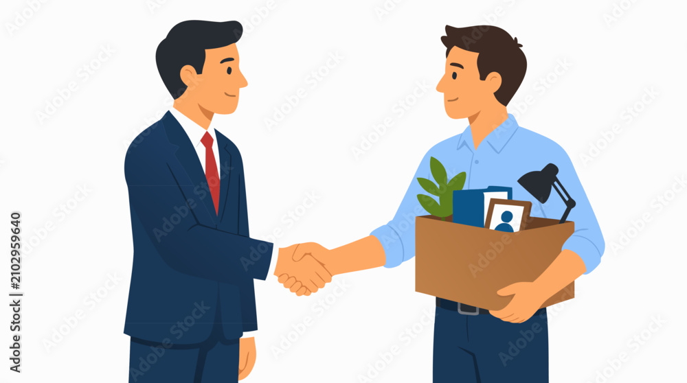 Fototapeta premium Manager Shaking Hands with Departing Employee Holding Cardboard Box of Personal Office Belongings, Job Resignation and Career Transition, Office Goodbye and Professional Exit, Flat Vector Illustration