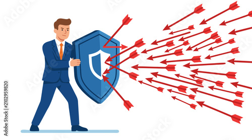 A determined businessman in a blue suit stands firm holding a large blue shield, successfully blocking a massive volley of red arrows flying towards him, symbolizing protection and security.