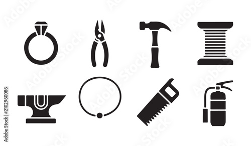 Foto Smithing equipment silhouettes including ring anvil saw hammer and fire extinguisher icon