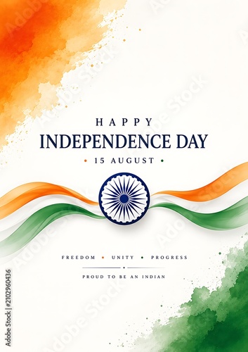 Happy Independence Day India 15 August Watercolor Poster with Ashoka Chakra and Tricolor Ribbon