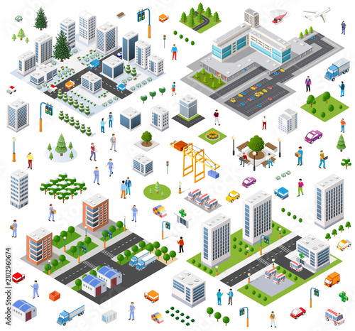 Isometric city planning constructing infrastructure buildings transportation