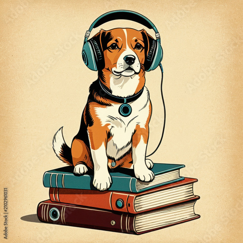 A cute cartoon illustration featuring a white puppy sitting happily on a stack of three books (pink and green). The puppy is wearing pink over-ear headphones and a matching collar with a heart tag. Be