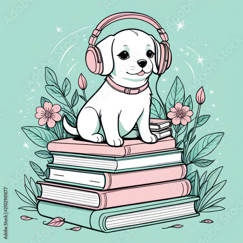 A cute cartoon illustration featuring a white puppy sitting happily on a stack of three books (pink and green). The puppy is wearing pink over-ear headphones and a matching collar with a heart tag. Be