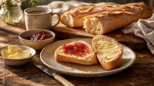 Fresh baguette slices with butter and red jam sit on a rustic table with coffee, ideal for bakery, breakfast, or cafe promotion.