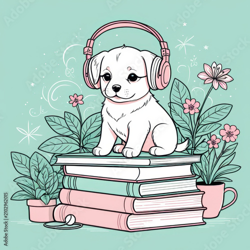 A cute cartoon illustration featuring a white puppy sitting happily on a stack of three books (pink and green). The puppy is wearing pink over-ear headphones and a matching collar with a heart tag. Be