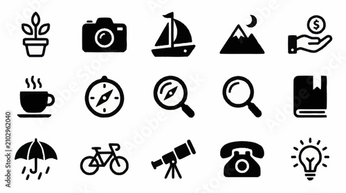 Black and white icon set of various symbols and objects.