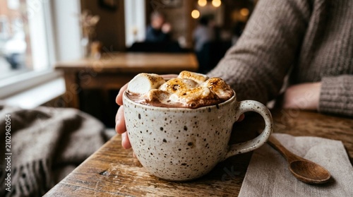 A hand holds a speckled ceramic mug of hot chocolate topped with toasted marshmallows in a cozy cafe, ideal for winter beverage promotions.