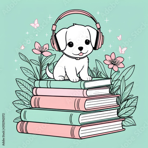 A cute cartoon illustration featuring a white puppy sitting happily on a stack of three books (pink and green). The puppy is wearing pink over-ear headphones and a matching collar with a heart tag. Be