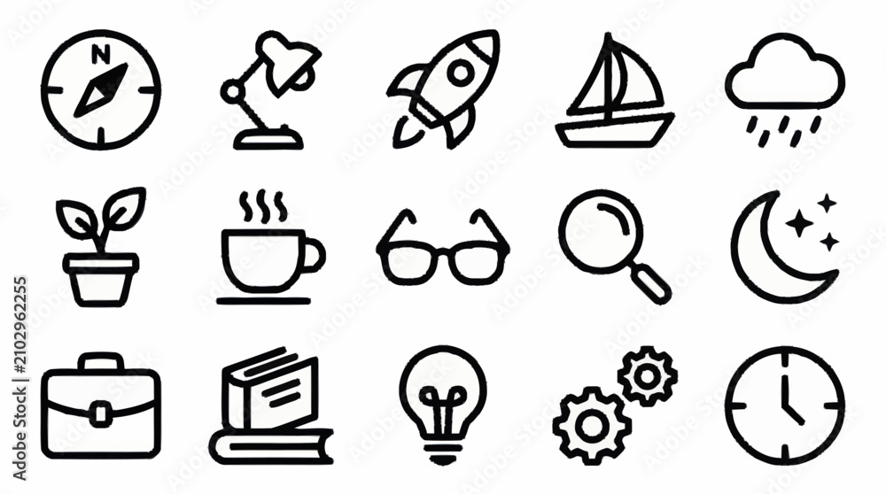 Fototapeta premium Minimalist black line icons set for various concepts.