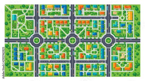 Aerial View of a Town, City Planning, Residential Area with Roads and Roundabouts