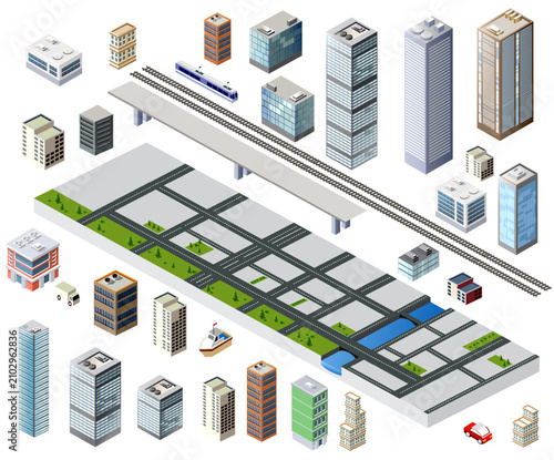 Isometric city construction elements assembling urban infrastructure