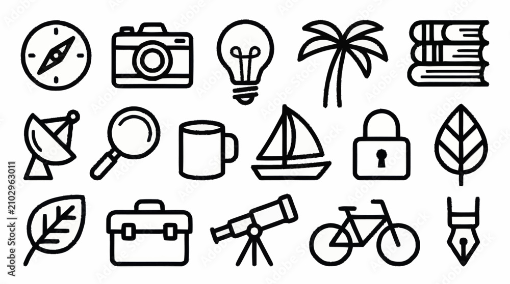 Fototapeta premium Collection of black line icons representing various objects and concepts.