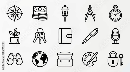 Collection of black and white line icons for various concepts.
