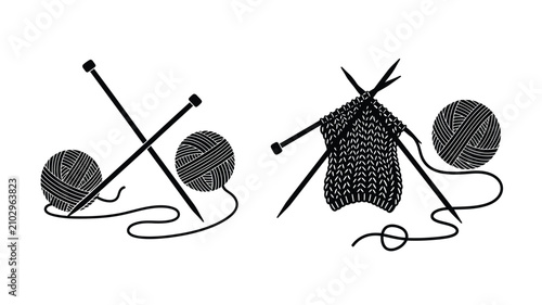 Knitting Needles Yarn Balls And Knitted Fabric Silhouette