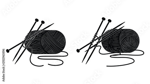 Yarn balls with knitting needles black and white silhouette