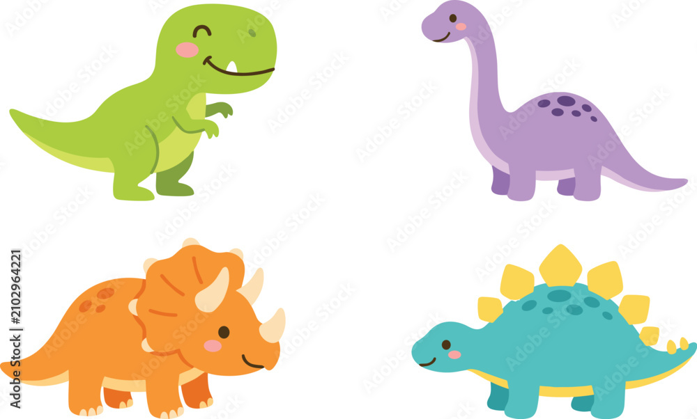 Obraz premium Cute Dinosaur Collection with T Rex Brachiosaurus Triceratops and Stegosaurus Cartoon Vector Illustration Set