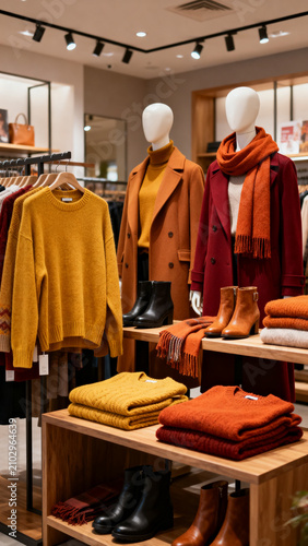 Elegant autumn fashion sale display in a boutique with sweaters, coats, scarves and boots in warm seasonal tones