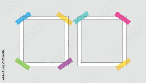 Blank square photo frame templates fixed with colorful washi tapes on a clean minimalist gray textured background.
