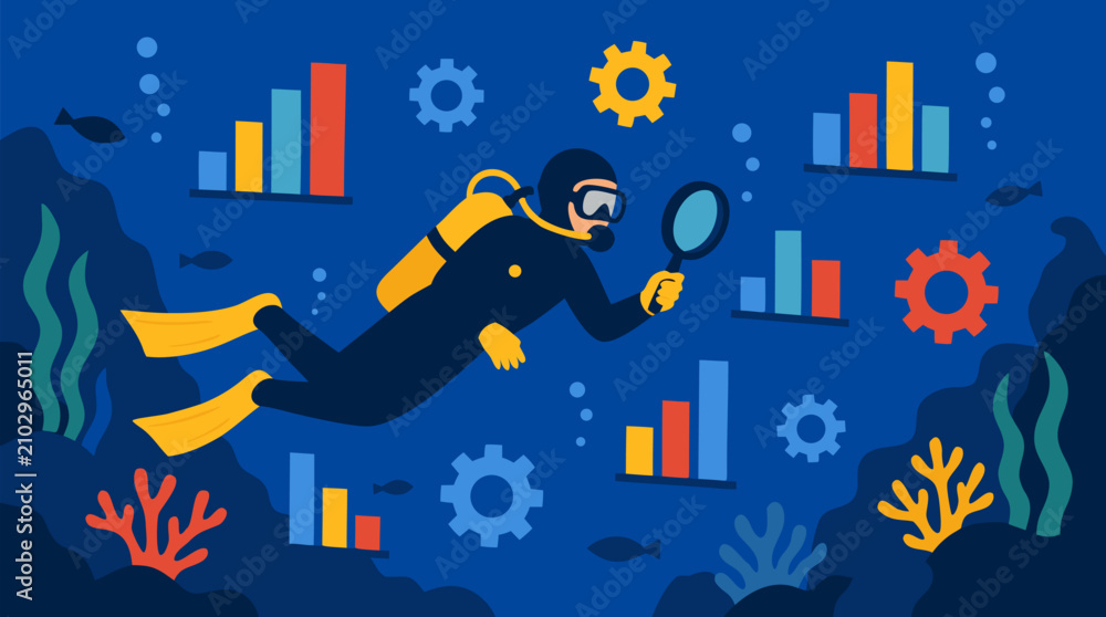 Naklejka premium Vibrant Flat Vector Illustration of a Scuba Diver in Full Dive Gear Holding a Magnifying Glass Swimming Through a Deep Blue Ocean Filled with Colorful Bar Charts and Gears, Perfect Metaphor for Deep