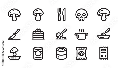 Canned food and mushroom ingredient icon set for kitchen storage and grocery retail design.