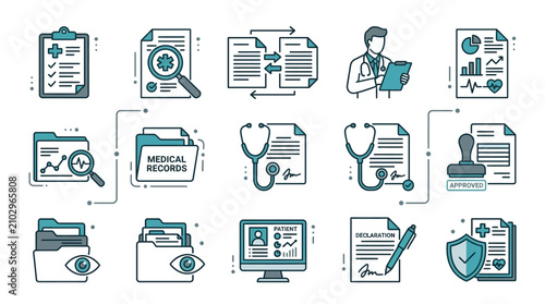 Medical Records Icons: Health Data, Charts, Doctor, Documents, Security