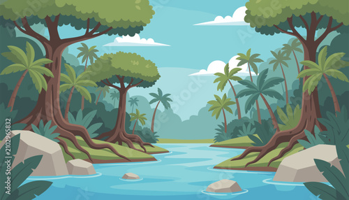 Lush tropical jungle landscape with winding river, green palm trees, banyan trees, and rocks under cloudy sky.