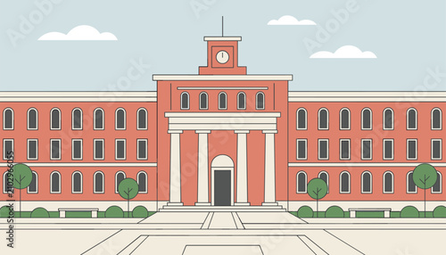 Classic grand red brick university building with stately white columns and a central clock tower under a clear sky.