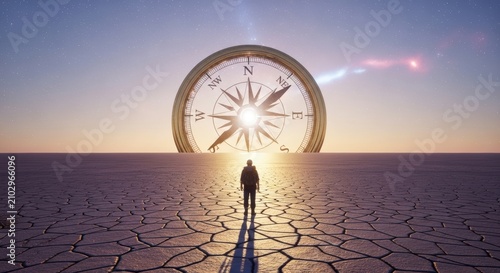 Man standing in desert with compass.