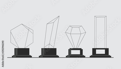 Line art illustration of four elegant glass award trophies with different geometric shapes on dark bases.
