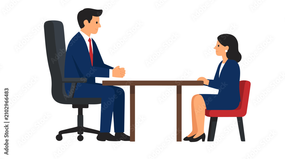 Obraz premium Professional Businessman in Blue Suit and Red Tie Sitting on Tall Office Chair Beside Businesswoman in Blue Suit Seated on Small Red Chair at Table, Corporate Job Interview Negotiation Meeting