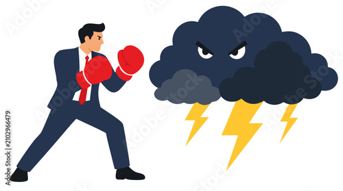 Vibrant Flat Vector Illustration of a Confident Businessman in a Formal Dark Blue Suit Wearing Oversized Bright Red Boxing Gloves Facing an Angry Stormy Cloud With Lightning Bolts, Metaphor for