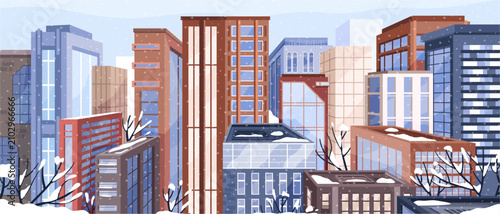 Schilderij op canvas Winter cityscape with skyscraper buildings covered with snow